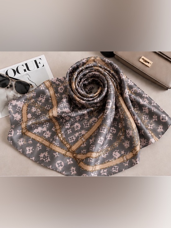 Accessories - Grey & Pink Chain Print Silk Inspired Scarf
